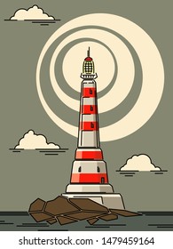 Simple cartoon stylized illustrations of lighthouse with lights on island.