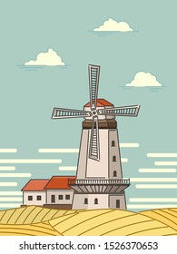 Simple cartoon stylized illustrations of windmill with blue sky and fields.