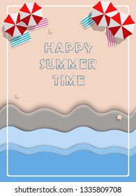 Simple cartoon summer beach vector template with create outline texts.