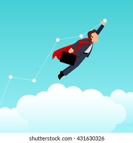 Simple cartoon of a superhero businessman pushing the graphic chart up, business, improvement, progress concept