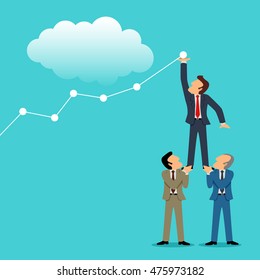 Simple cartoon of three businessmen helping each other to increase the graphic chart, for success, teamwork, dream team concept
