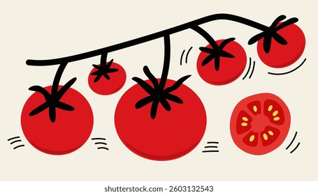 Simple cartoon of tomatoes with stems and halved piece. Bright, fresh and clean design for your vegetable themed designs.