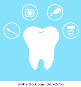  simple cartoon tooth white silhouette on a blue background, teeth, vector illustration 