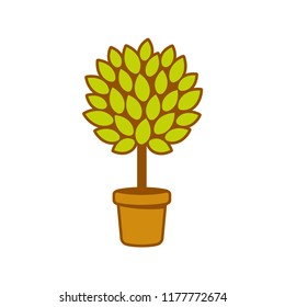 Simple cartoon tree growing in pot. Clip art or logo design. Plants and gardening vector illustration.