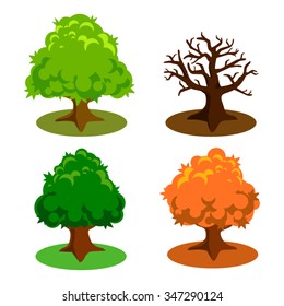 Simple cartoon tree in spring, summer, and fall season illustration.