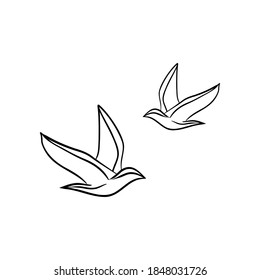 Simple caricatura de dos pájaros icono. Silueta negra sólida y contorno de arte de línea. Elemento de diseño de logotipo mínimo, ilustración vectorial.