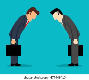 Simple Cartoon Of Two Businessmen Bowing Each Other, Japanese Culture Business Concept