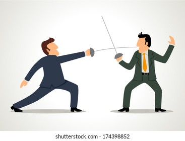 Simple cartoon of two businessmen fencing with each other