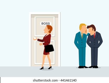 Simple Cartoon Of Two Businessmen Whispering When Their Boss Passing, Business Intrigue, Conspiracy, Gossip, New Boss, Gender Issue Concept 