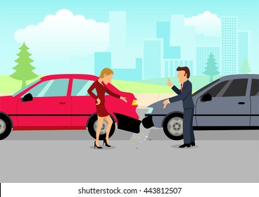 Simple cartoon of two drivers arguing after traffic accident, insurance, safety, precaution concept