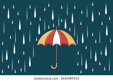 Guarda-chuva simples de desenhos animados e gotas de chuva macias, ilustração em plano vetorial com cores pastel para fundos sem costura para crianças e temas de dias chuvosos

