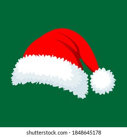 Simple cartoon vector of a fluffy santa hat on festive green background