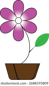 Ilustración vectorial de dibujos animados simple de una flor púrpura con un centro brillante y brillante, plantado en una maceta de terracota marrón.