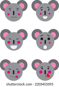 Simple cartoon vector illustration. Set of koala icons expressions. Collection of emoticons. Funny emoji faces. Sad, funny, laughing, surprised, kissing, playful. For prints, textiles, design and web 