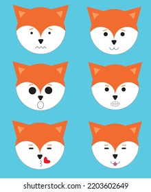 Simple cartoon vector illustration. Set of foxy icons with expressions. Collection of emoticons. Funny emoji faces. Sad, funny, angry, surprised, kissing, playful. For prints, textiles, design and web