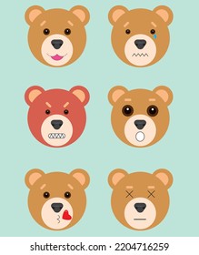 Simple ilustración vectorial de dibujos animados. Conjunto de iconos de oso con expresiones. Colección de emoticonos. Caras divertidas de emoji. Triste, divertida, enojada, sorprendida, besándose, juguetona. Para impresiones, textiles, diseño y web