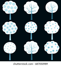Simple cartoon vector trees with white crowns and blue dot, flowers and snowflakes for winter holiday and Christmas designs