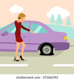 Simple Cartoon Of A Woman With Flat Tire