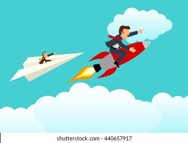 Simple cartoon of young businessman on a rocket racing with older businessman on paper plane, unfair, competition, innovative concept