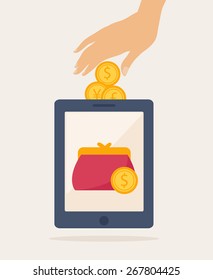 Simple Cartooned Mobile Banking Idea Graphic Design with Conceptual Human Hand Putting Some Coins on a Purse Inside a Mobile Device on a Light Brown Background.