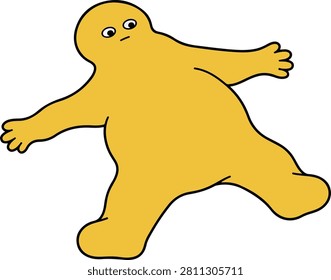 A simple, cartoonish yellow blob character with wide eyes is lying on its back with its limbs splayed out.
