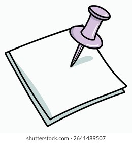 Simple, cartoon-like clip art shows two sheets of white paper held together by a light lavender colored pushpin, set against a seamless transparent background.