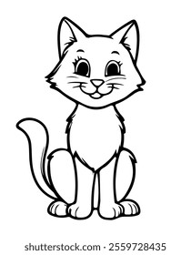 A simple cartoon-style cat sitting with a happy expression, ready for coloring