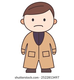 A simple, cartoon-style character with a sad expression, wearing a beige coat.