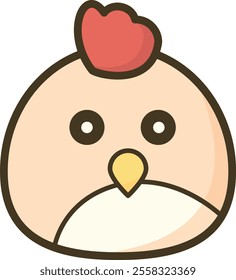 Simple, cartoon-style drawing of a chicken's face with a round head, red comb.