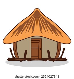 A simple, cartoon-style house with a thatched roof and wooden elements.