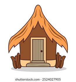 A simple, cartoon-style hut with a thatched roof and wooden door, set in a minimalistic style.