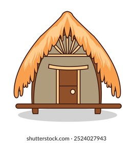 A simple, cartoon-style hut with a thatched roof and wooden door.