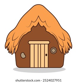 A simple, cartoon-style hut with a thatched roof and wooden door.