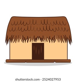 A simple, cartoon-style hut with a thatched roof and wooden door.