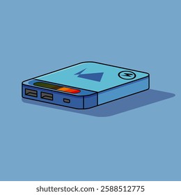 Simple cartoon-style illustration of a blue power bank with a battery indicator and USB ports in blue background. Suitable for tech-related content, digital marketing, and educational materials.