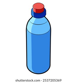 A simple, cartoon-style illustration of a blue water bottle with a red cap. Perfect for use in educational materials, children's books, or any project that needs a playful touch.