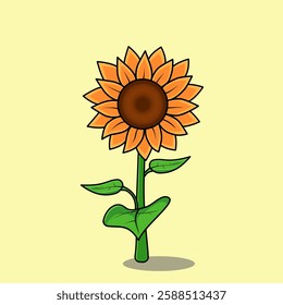 Simple cartoon-style illustration of a bright sunflower with green leaves on a yellow background. Suitable for nature-themed content, educational materials, game assets, and design projects.