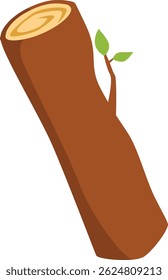 A simple cartoon-style illustration of a brown tree log with a small branch and two green leaves, designed in a minimal style.