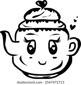 A simple, cartoon-style illustration of a cute teapot and cup of tea