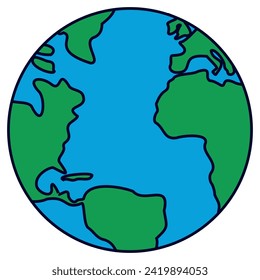 Simple cartoon-style illustration of the Earth. The image features blue oceans and seas and green continents