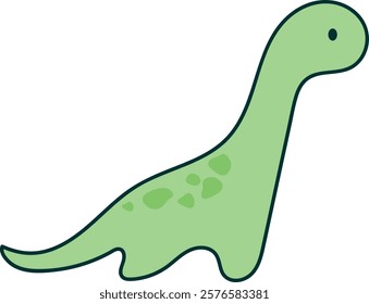 Simple, cartoon-style illustration of a green dinosaur with a long neck, small head, and three spots on its back. Represents prehistoric creatures in a friendly, appealing way for children.