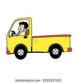 A simple, cartoon-style illustration of a person driving a small yellow pickup truck. The driver is shown smiling, with short black hair and wearing a light-colored shirt.