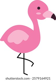 Simple cartoon-style illustration of a pink flamingo standing on one leg, with the other leg bent at the knee, black beak with pink tip, small black eye, pink body, and lighter pink wing. Playful.