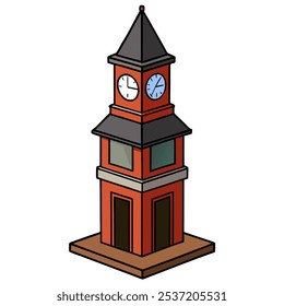 A simple, cartoon-style illustration of a red brick clock tower, perfect for adding a touch of whimsy to your designs. This vector image is ideal for children's books, websites.