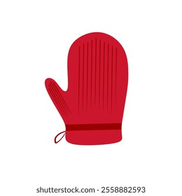 A simple, cartoon-style illustration of a red oven mitt with a light beige strap.