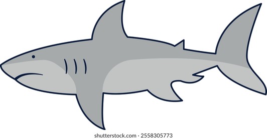 Simple cartoon-style illustration of a shark in side profile, colored in shades of gray with a darker outline and three visible gill slits