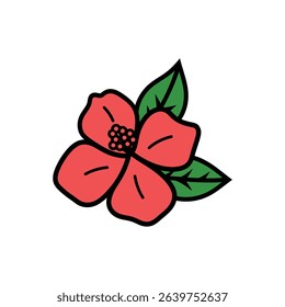Simple cartoon-style illustration shows a red flower with a black outline and center surrounded by three green leaves with black outlines on a white background.