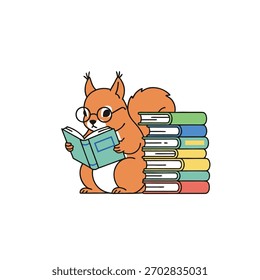 A simple, cartoon-style illustration of a smart-looking squirrel, wearing glasses and reading a book next to a tall stack of colorful books.