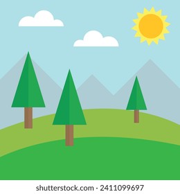 Simple, cartoon-style illustration of a sunny day in a green landscape with three green pine trees, grey mountains, and a bright yellow sun.