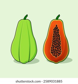 Simple cartoon-style illustration of a whole green papaya and a sliced ripe papaya with seeds. Suitable for food-related content, educational materials, and design projects.